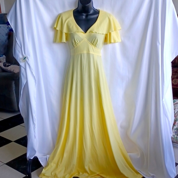 VTG 70s Prom Dress Yellow Flutter Sleeve & Collar Boho from Jc Penney size 10 - Picture 1 of 10